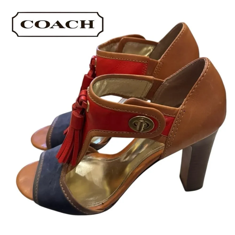 Coach Women's Tristen Tan Red Blue Heeled Tassel Heeled Leather Sandals 7
